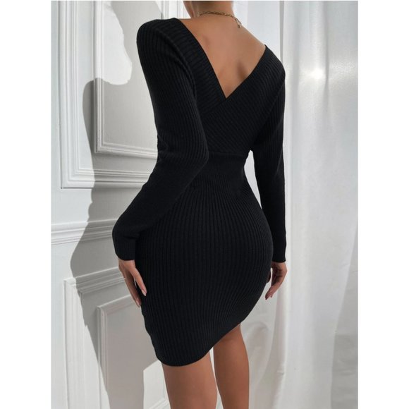 Fitted Off Shoulder Ribbed Sweater Dress Black Fall winter classy sexy evening - Picture 10 of 10